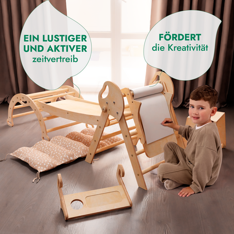 5in1 Montessori Kletterdreieck für Babys: Pikler-Dreieck, Kletterbogen, Kunst-Erweiterung ,Rutschbrett und Kissen für Kleinkinder