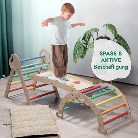 4in1 Montessori-Kletterset: Pikler-Dreieck, Kletterbogen, Rutschbrett und Kissen für Kleinkinder (1–3 Jahre) – Regenbogen-4
