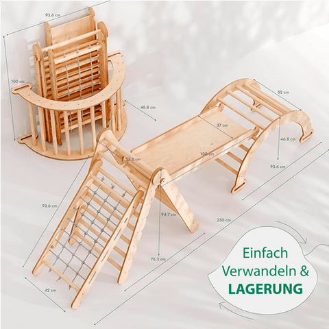 4in1 Montessori Klettergerüst Set: Kletterdreieck mit Rutsche, Kletterbogen, Kletternetz, für Kinder 1-7 Jahre – Beige-1