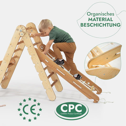 5in1 Montessori Klettergerüst Set: Kletterdreieck mit Rutsche, Kletterbogen, Kletternetz und Kissen, für Kinder 1-7 Jahre – Beige-4