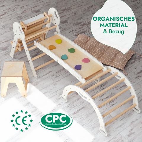 5-in-1 Montessori Kletterdreieck – Indoor & Outdoor Set für Babys & Kleinkinder mit Pikler-Dreieck, Bogen, Rutschbrett & Kissen | Goodevas®