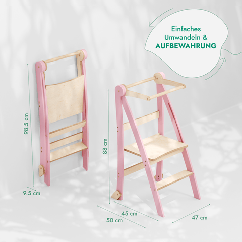 Holz Lernleiter Montessori: Multifunktionaler, klappbarer Lernturm für Kinder – Rosa-1