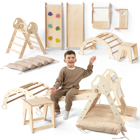 5in1 Montessori Kletterdreieck für Babys: Pikler-Dreieck, Kletterbogen, Kunst-Erweiterung ,Rutschbrett und Kissen für Kleinkinder